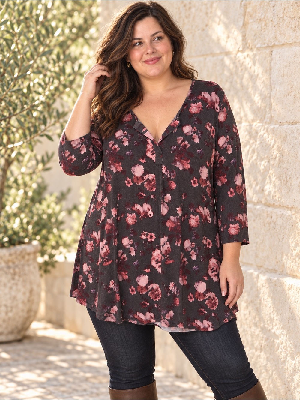 Rachel Ashwell Floral Tunic Top Split Neck 3/4 Sleeve Plus Size 3X Gray Pink